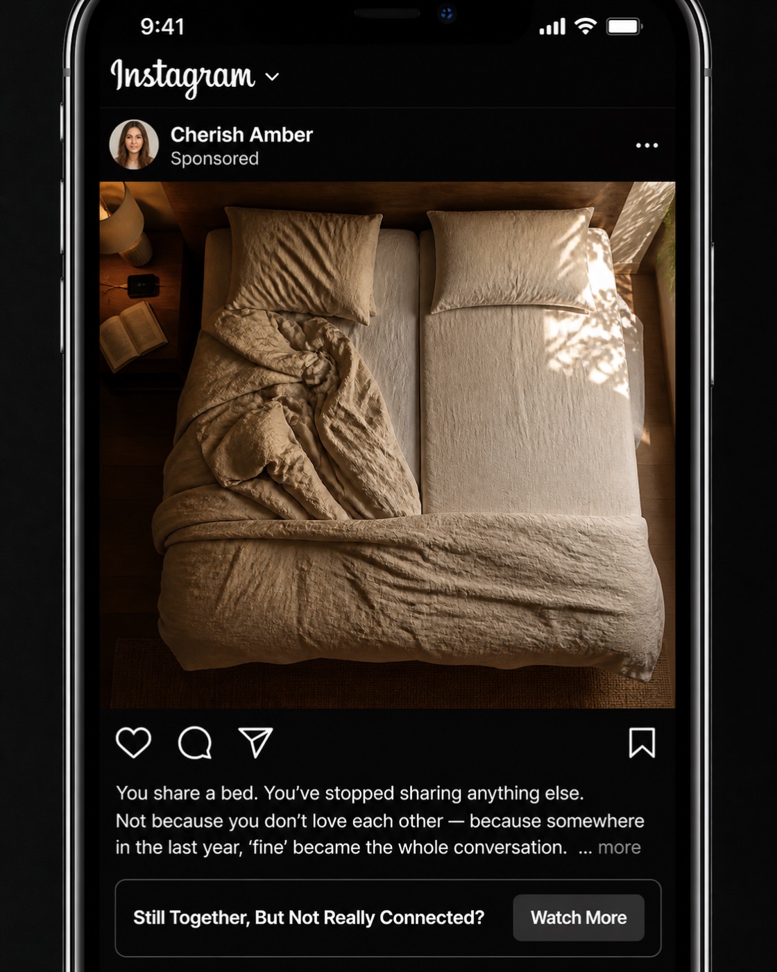 Instagram ad mockup for Concept A: an overhead photo of an unmade bed, one side lived-in, one side untouched, headline 'You share a bed. You've stopped sharing anything else.'
