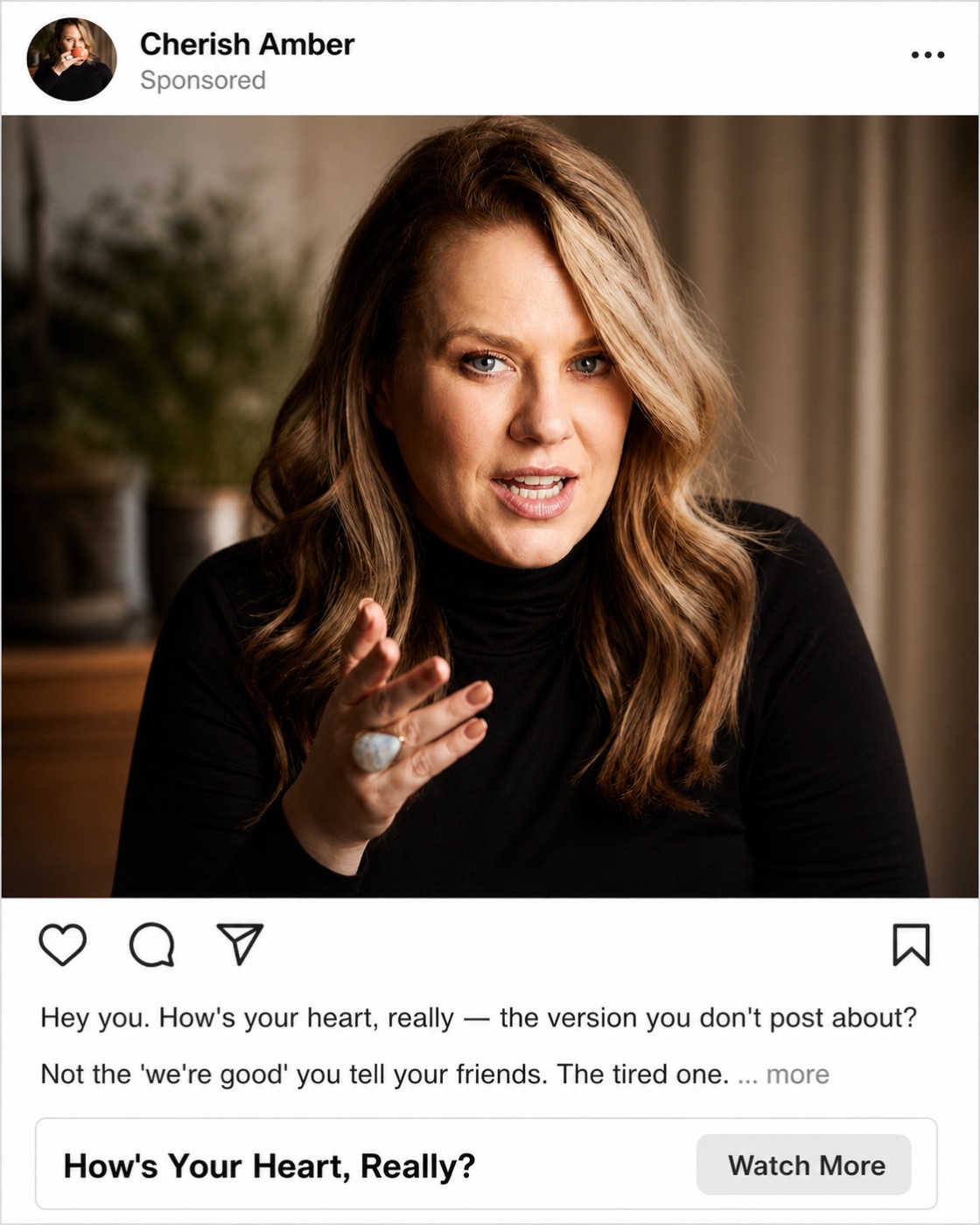 Instagram ad mockup for Concept B: Cherish Amber speaking directly to camera, headline 'How's Your Heart, Really?'
