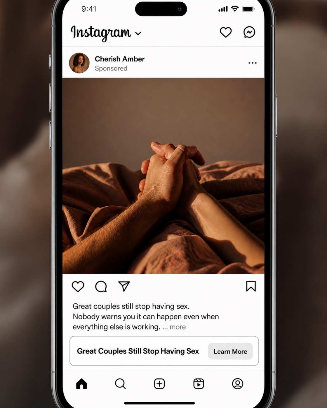 Instagram ad mockup for Concept C: two people's hands intertwined on warm bedsheets, headline 'Great Couples Still Stop Having Sex'