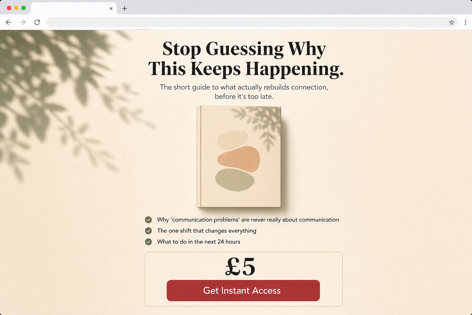 Mockup of the book checkout page, headline 'Stop Guessing Why This Keeps Happening', a book cover, three bullet points, and a £5 Get Instant Access button