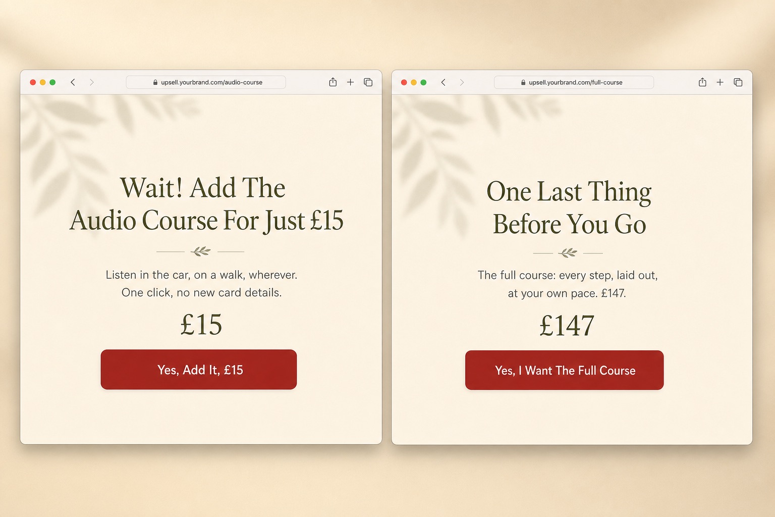 Mockup of the two one-click upsell pages: the £15 audio course and the £147 full course