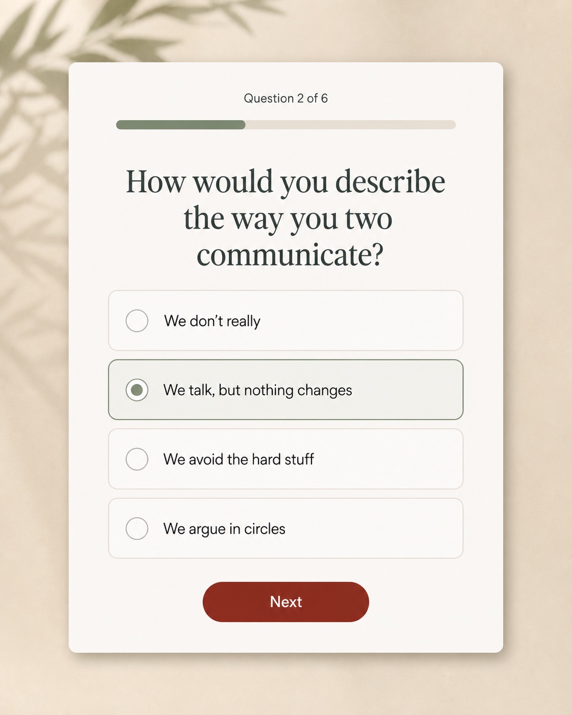 Mockup of the quiz mid-question, showing question 2 of 6 with four selectable answer cards and a Next button