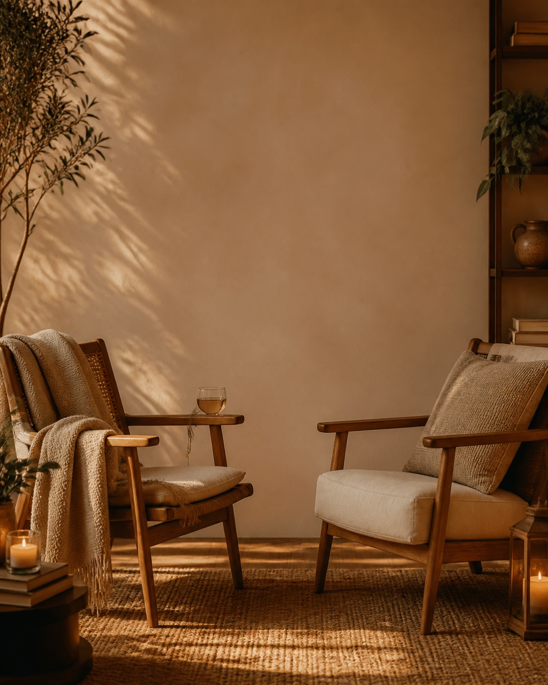 Two empty chairs facing each other in a warm, softly lit room, promo image for the monthly workshop