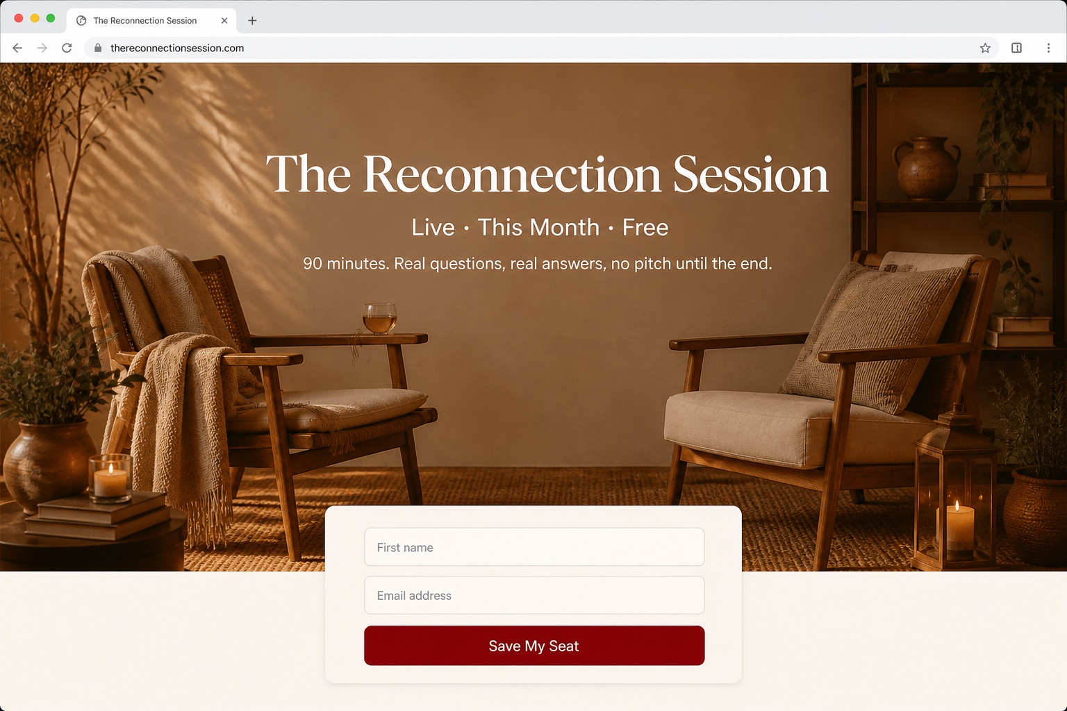 Mockup of the full workshop registration page, headline 'The Reconnection Session', with a name and email form and a Save My Seat button